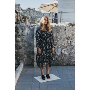 Ulla Johnson Lorelei Black Floral Print Silk Long Sleeve Midi Dress Size 4‎